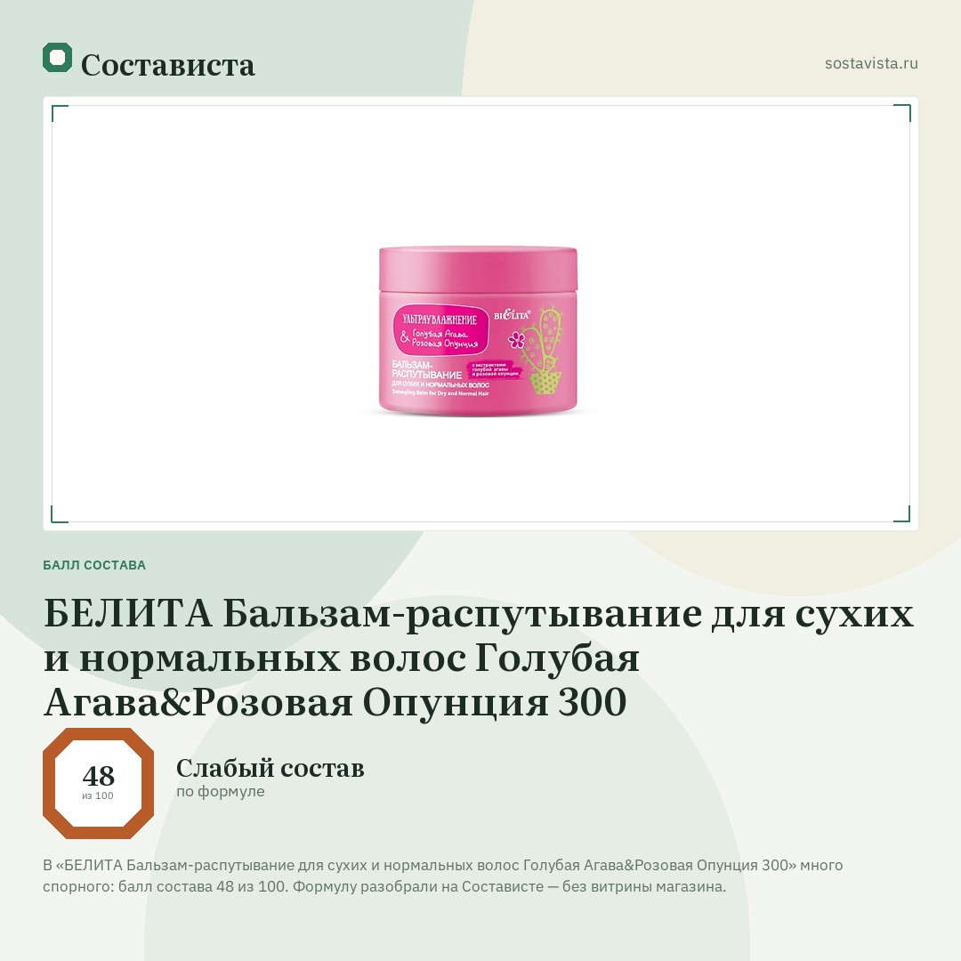 БЕЛИТА Бальзам-распутывание для сухих и нормальных волос Голубая Агава&Розовая Опунция 300: балл состава 48 из 100 — Состависта
