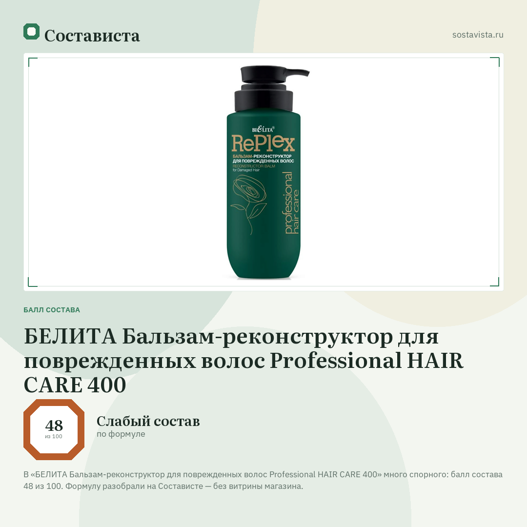 БЕЛИТА Бальзам-реконструктор для поврежденных волос Professional HAIR CARE 400: балл состава 48 из 100 — Состависта