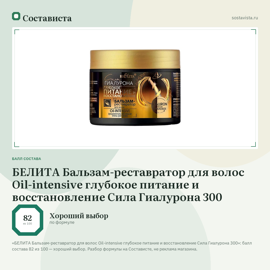 БЕЛИТА Бальзам-реставратор для волос Oil-intensive глубокое питание и восстановление Сила Гиалурона 300: балл состава 82 из 100 — Состависта