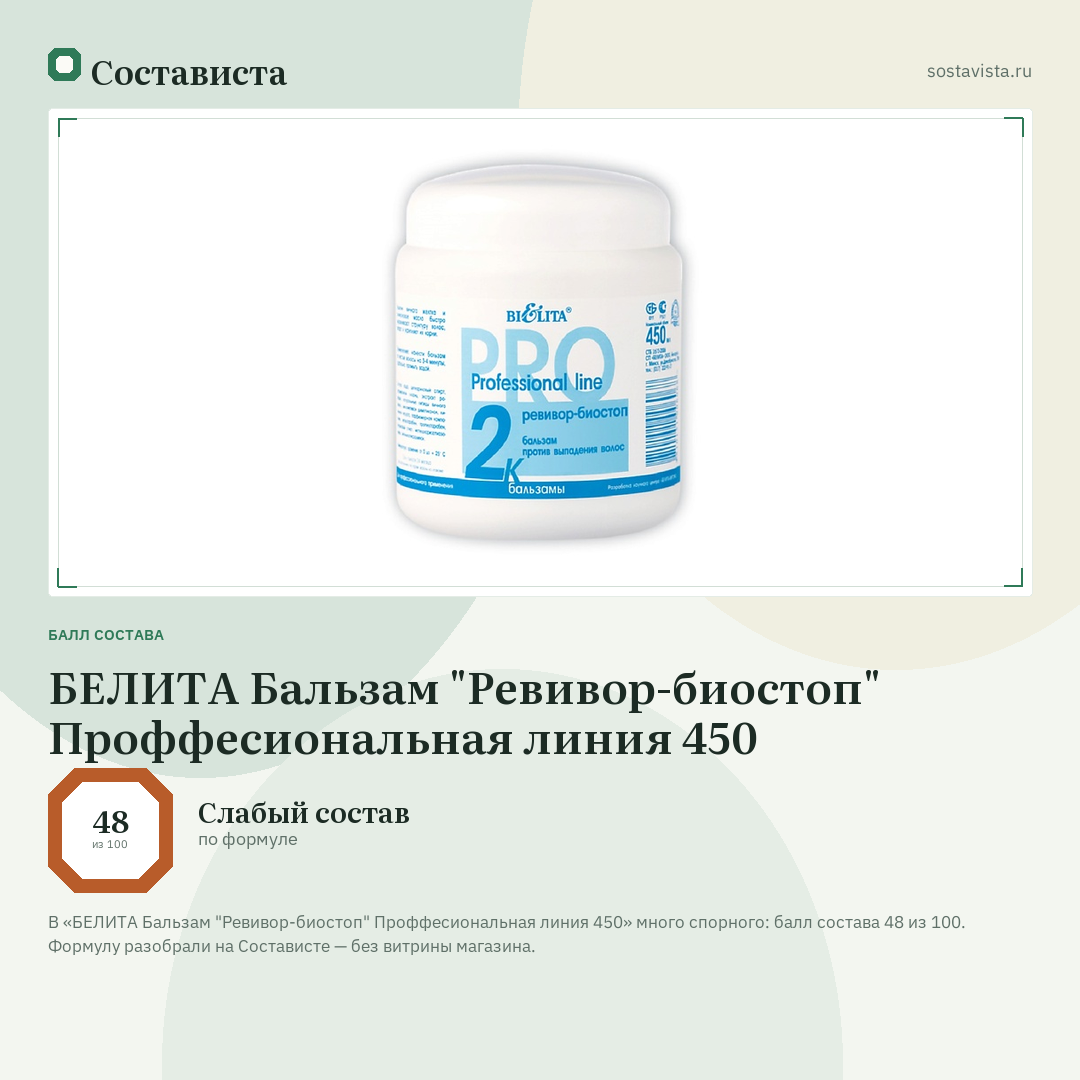 БЕЛИТА Бальзам "Ревивор-биостоп" Проффесиональная линия 450: балл состава 48 из 100 — Состависта
