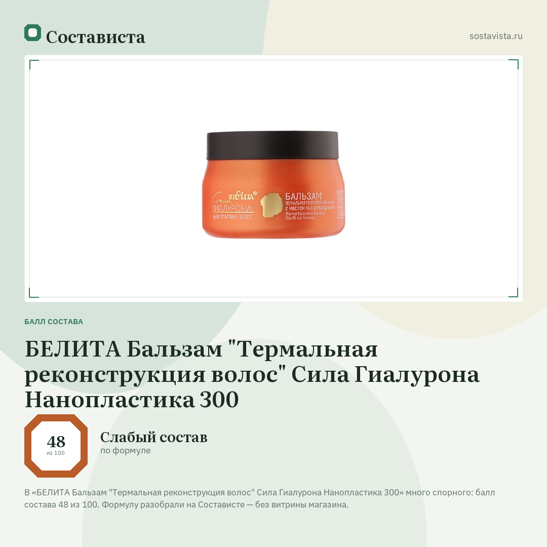 БЕЛИТА Бальзам "Термальная реконструкция волос" Сила Гиалурона Нанопластика 300: балл состава 48 из 100 — Состависта