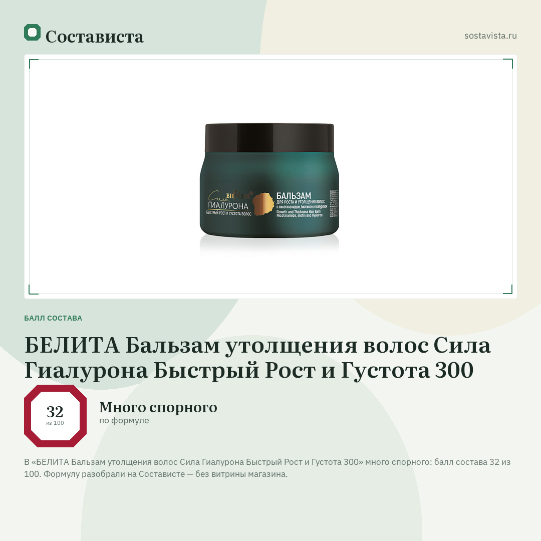 БЕЛИТА Бальзам утолщения волос Сила Гиалурона Быстрый Рост и Густота 300: балл состава 32 из 100 — Состависта