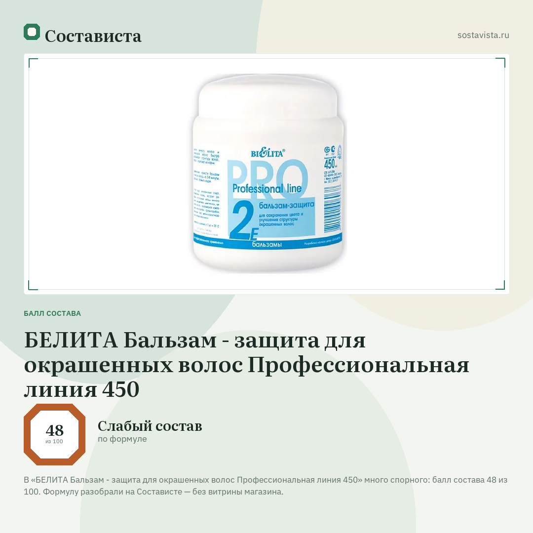 БЕЛИТА Бальзам - защита для окрашенных волос Профессиональная линия 450: балл состава 48 из 100 — Состависта