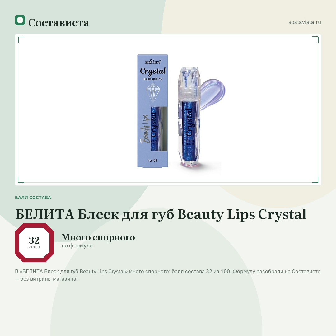 БЕЛИТА Блеск для губ Beauty Lips Crystal: балл состава 32 из 100 — Состависта