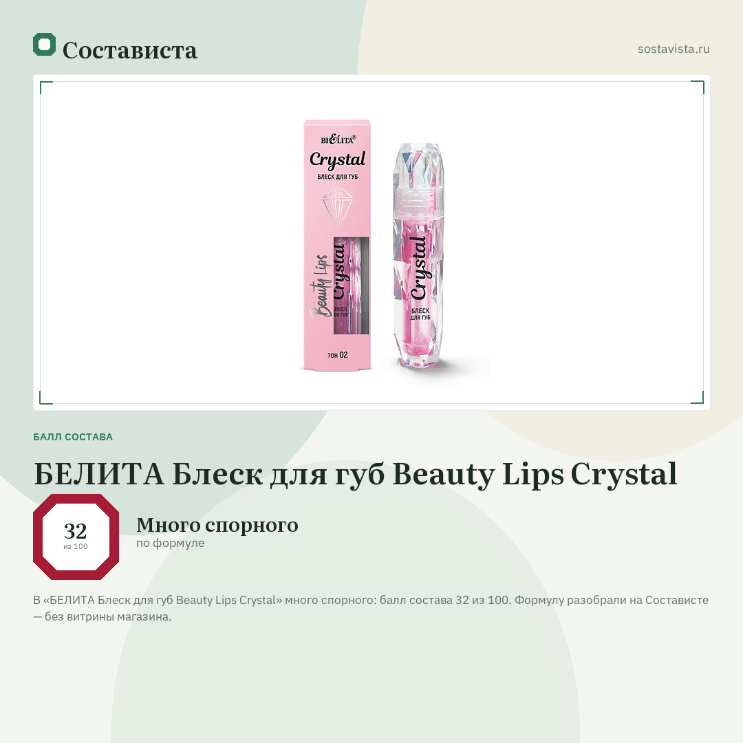 БЕЛИТА Блеск для губ Beauty Lips Crystal: балл состава 32 из 100 — Состависта