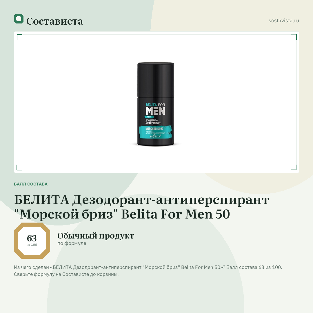 БЕЛИТА Дезодорант-антиперспирант "Морской бриз" Belita For Men 50: балл состава 63 из 100 — Состависта