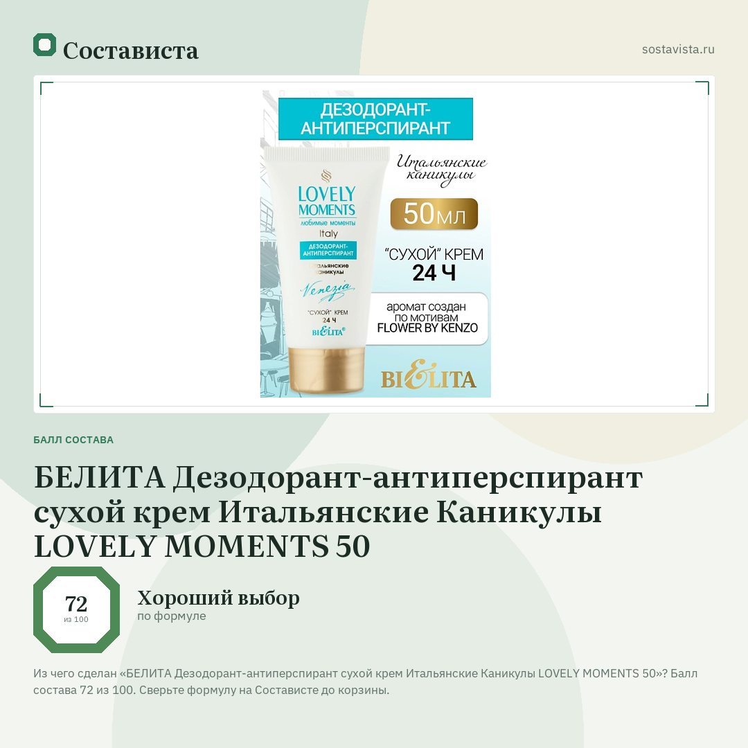 БЕЛИТА Дезодорант-антиперспирант сухой крем Итальянские Каникулы LOVELY MOMENTS 50: балл состава 72 из 100 — Состависта