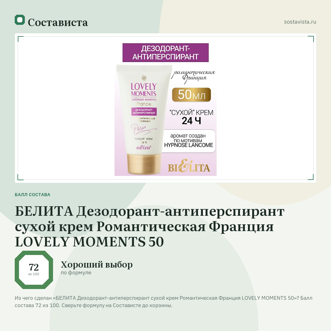 БЕЛИТА Дезодорант-антиперспирант сухой крем Романтическая Франция LOVELY MOMENTS 50: балл состава 72 из 100 — Состависта
