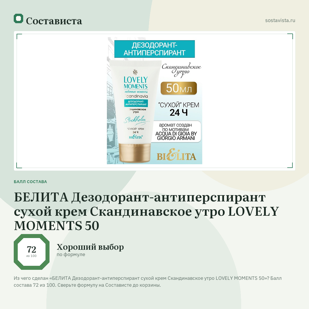 БЕЛИТА Дезодорант-антиперспирант сухой крем Скандинавское утро LOVELY MOMENTS 50: балл состава 72 из 100 — Состависта