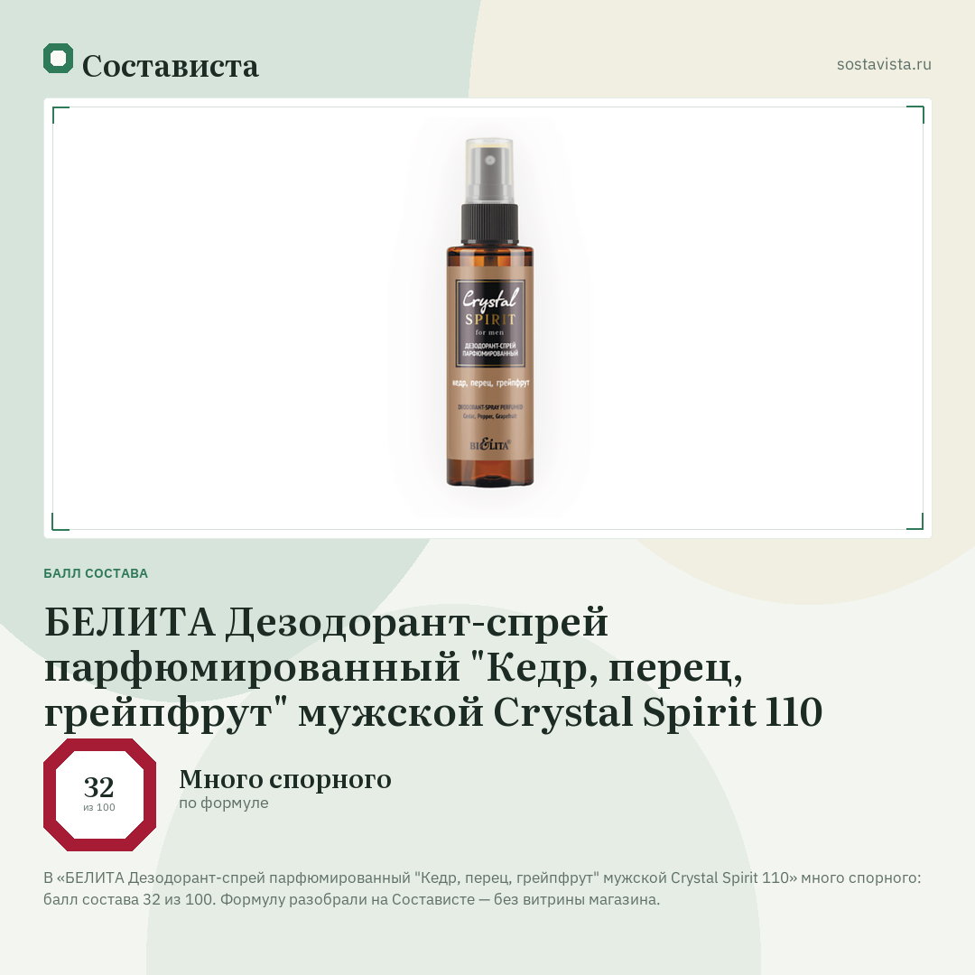 БЕЛИТА Дезодорант-спрей парфюмированный "Кедр, перец, грейпфрут" мужской Crystal Spirit 110: балл состава 32 из 100 — Состависта