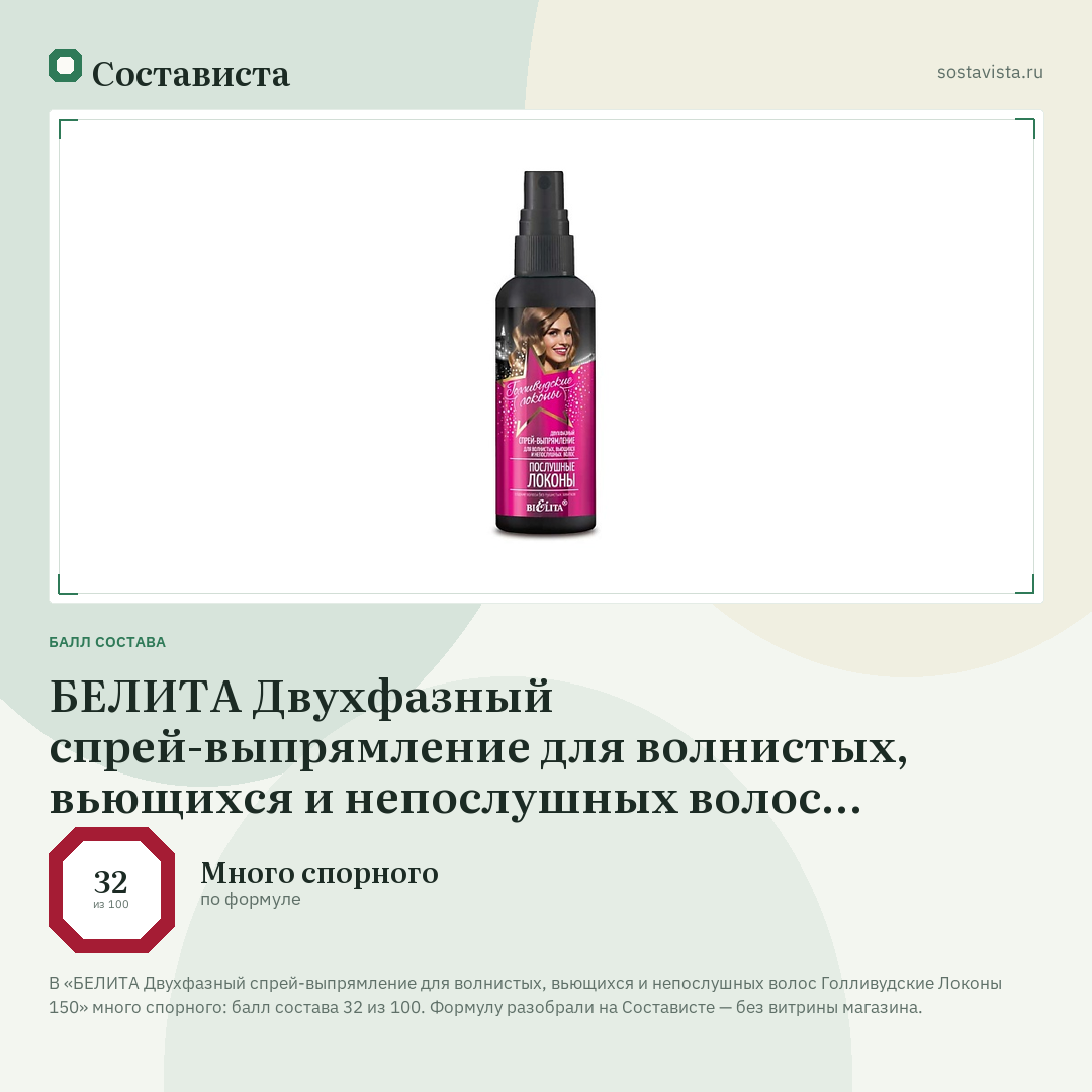 БЕЛИТА Двухфазный спрей-выпрямление для волнистых, вьющихся и непослушных волос Голливудские Локоны 150: балл состава 32 из 100 — Состависта