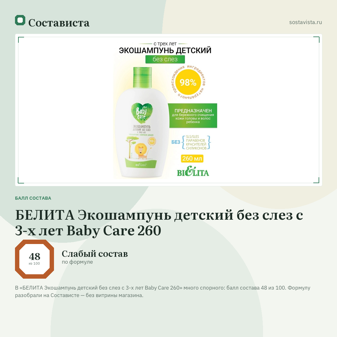 БЕЛИТА Экошампунь детский без слез с 3-х лет Baby Care 260: балл состава 48 из 100 — Состависта