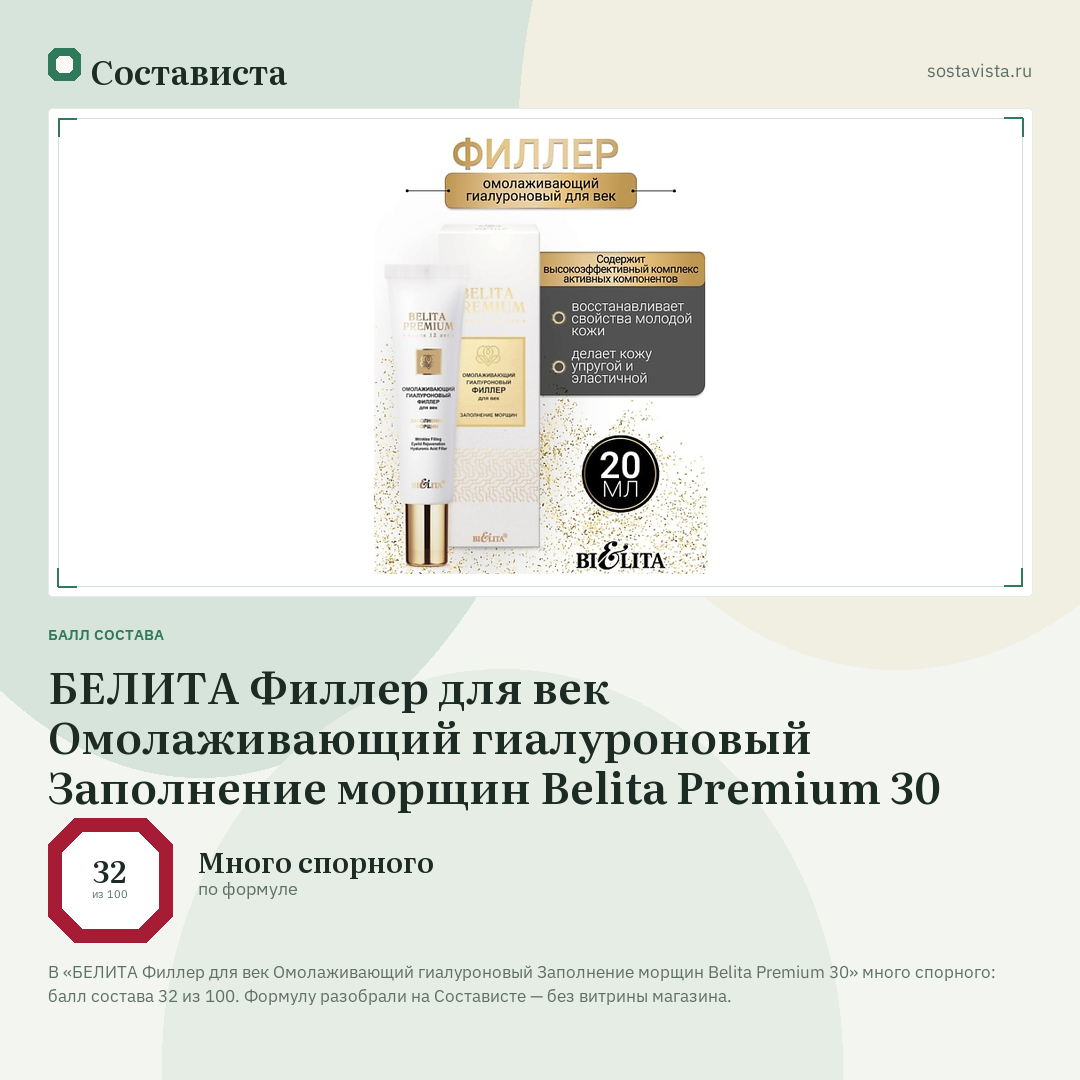 БЕЛИТА Филлер для век Омолаживающий гиалуроновый Заполнение морщин Belita Premium 30: балл состава 32 из 100 — Состависта