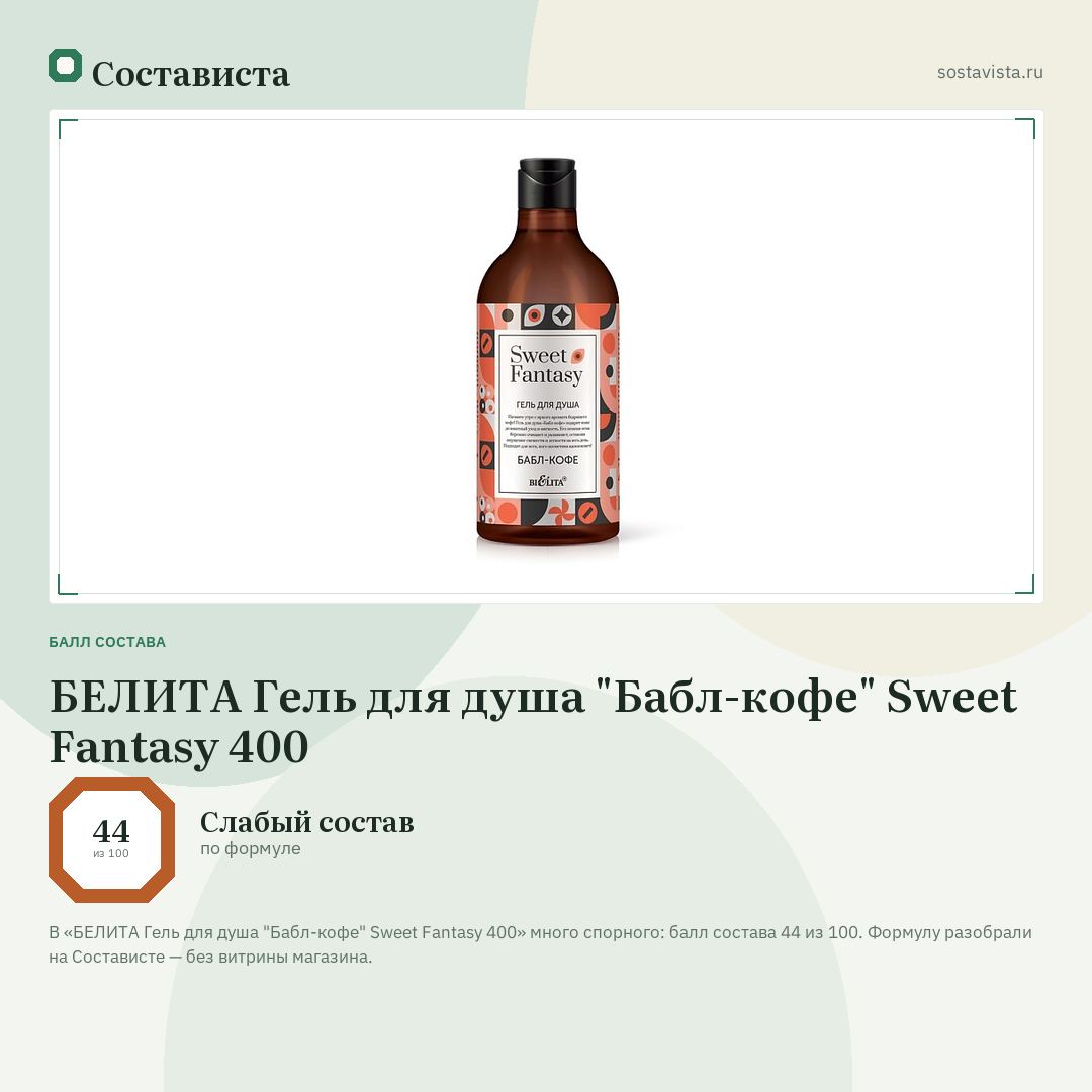 БЕЛИТА Гель для душа "Бабл-кофе" Sweet Fantasy 400: балл состава 44 из 100 — Состависта
