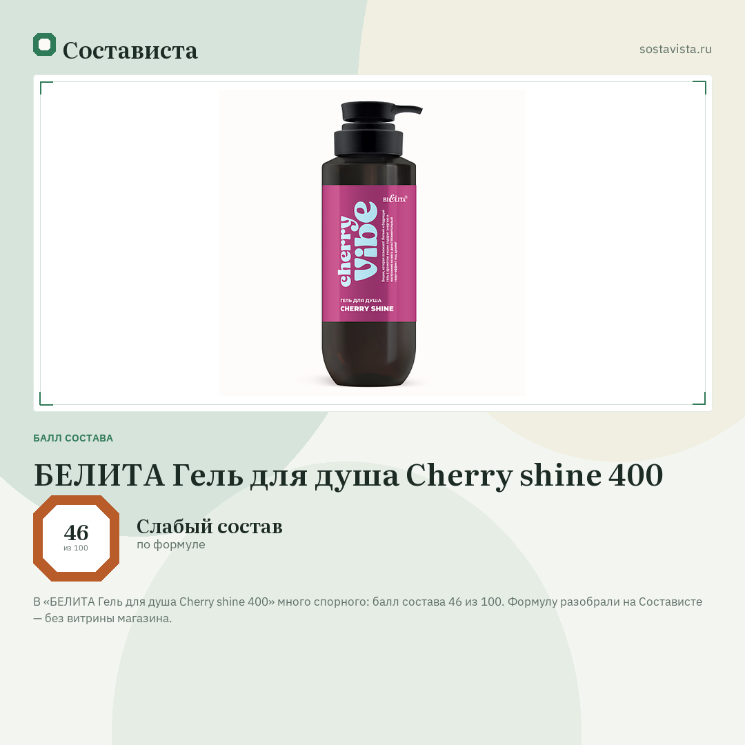 БЕЛИТА Гель для душа Cherry shine 400: балл состава 46 из 100 — Состависта