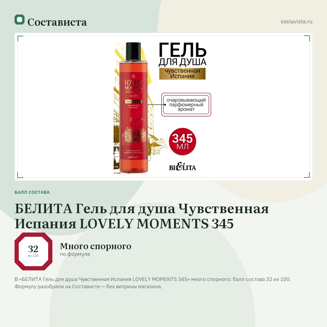 БЕЛИТА Гель для душа Чувственная Испания LOVELY MOMENTS 345: балл состава 32 из 100 — Состависта