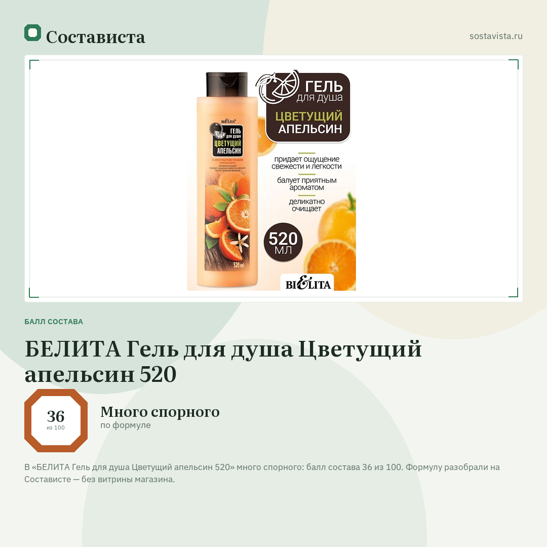 БЕЛИТА Гель для душа Цветущий апельсин 520: балл состава 36 из 100 — Состависта