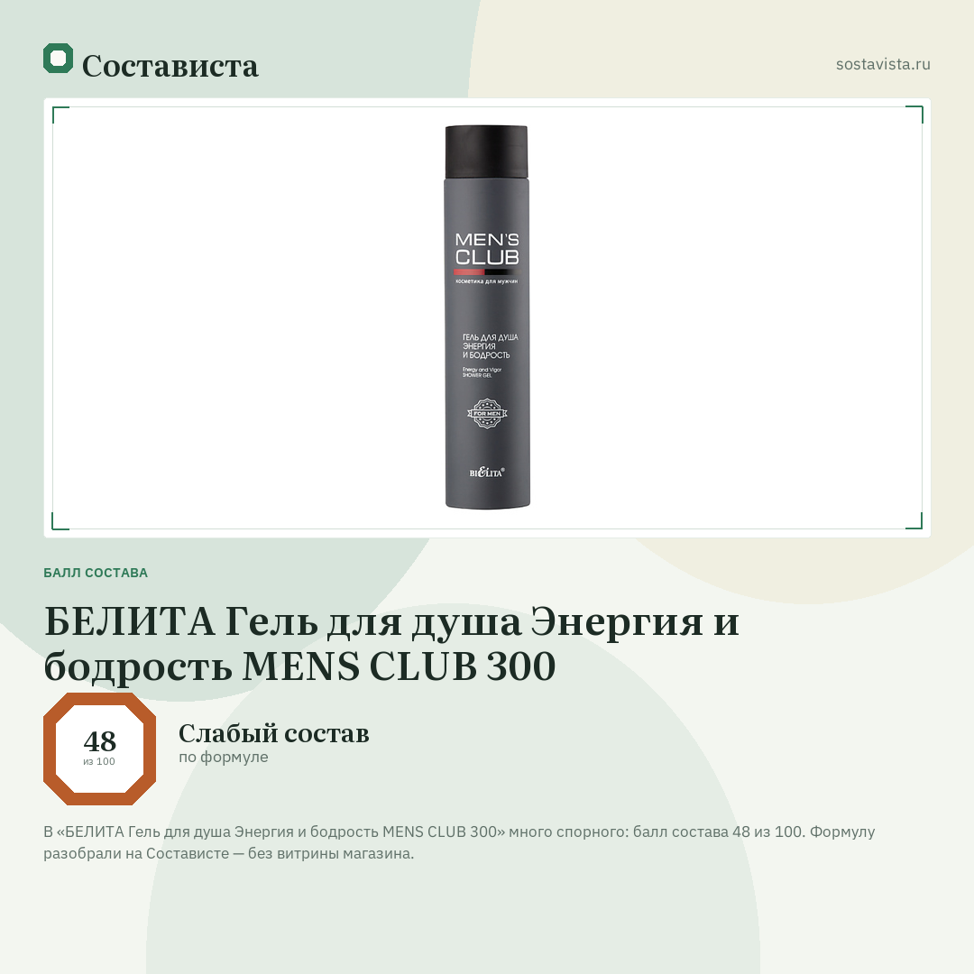 БЕЛИТА Гель для душа Энергия и бодрость MENS CLUB 300: балл состава 48 из 100 — Состависта