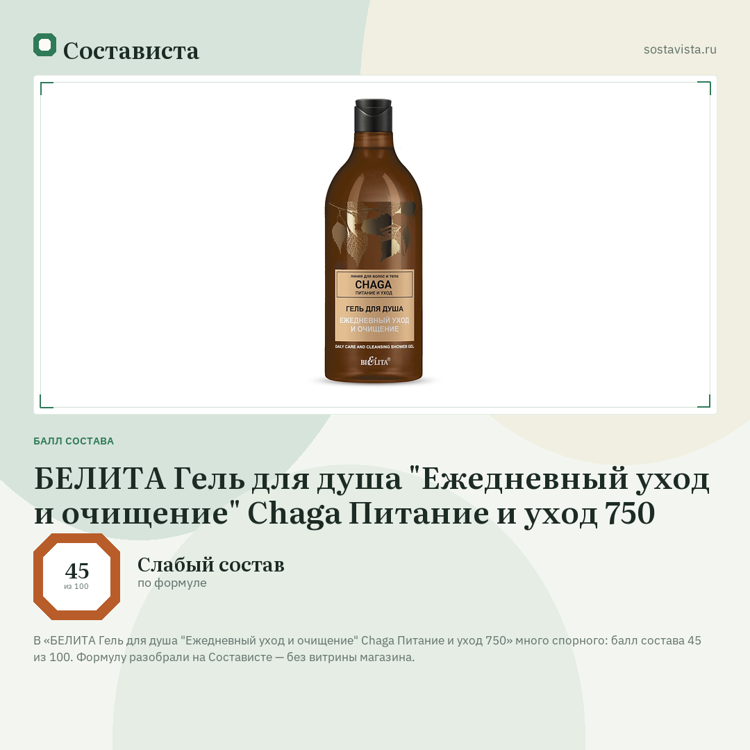 БЕЛИТА Гель для душа "Ежедневный уход и очищение" Chaga Питание и уход 750: балл состава 45 из 100 — Состависта