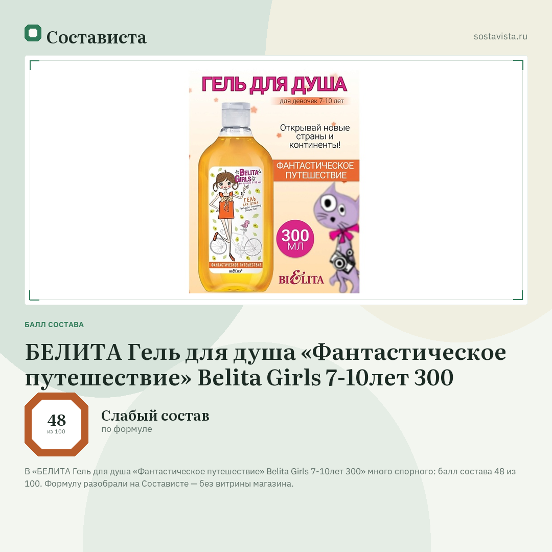 БЕЛИТА Гель для душа «Фантастическое путешествие» Belita Girls 7-10лет 300: балл состава 48 из 100 — Состависта