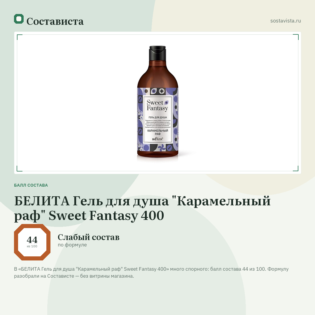 БЕЛИТА Гель для душа "Карамельный раф" Sweet Fantasy 400: балл состава 44 из 100 — Состависта