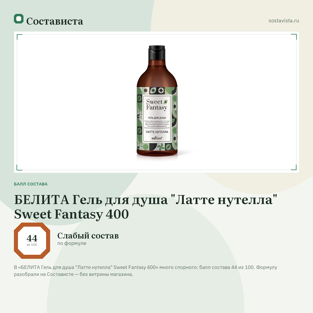 БЕЛИТА Гель для душа "Латте нутелла" Sweet Fantasy 400: балл состава 44 из 100 — Состависта
