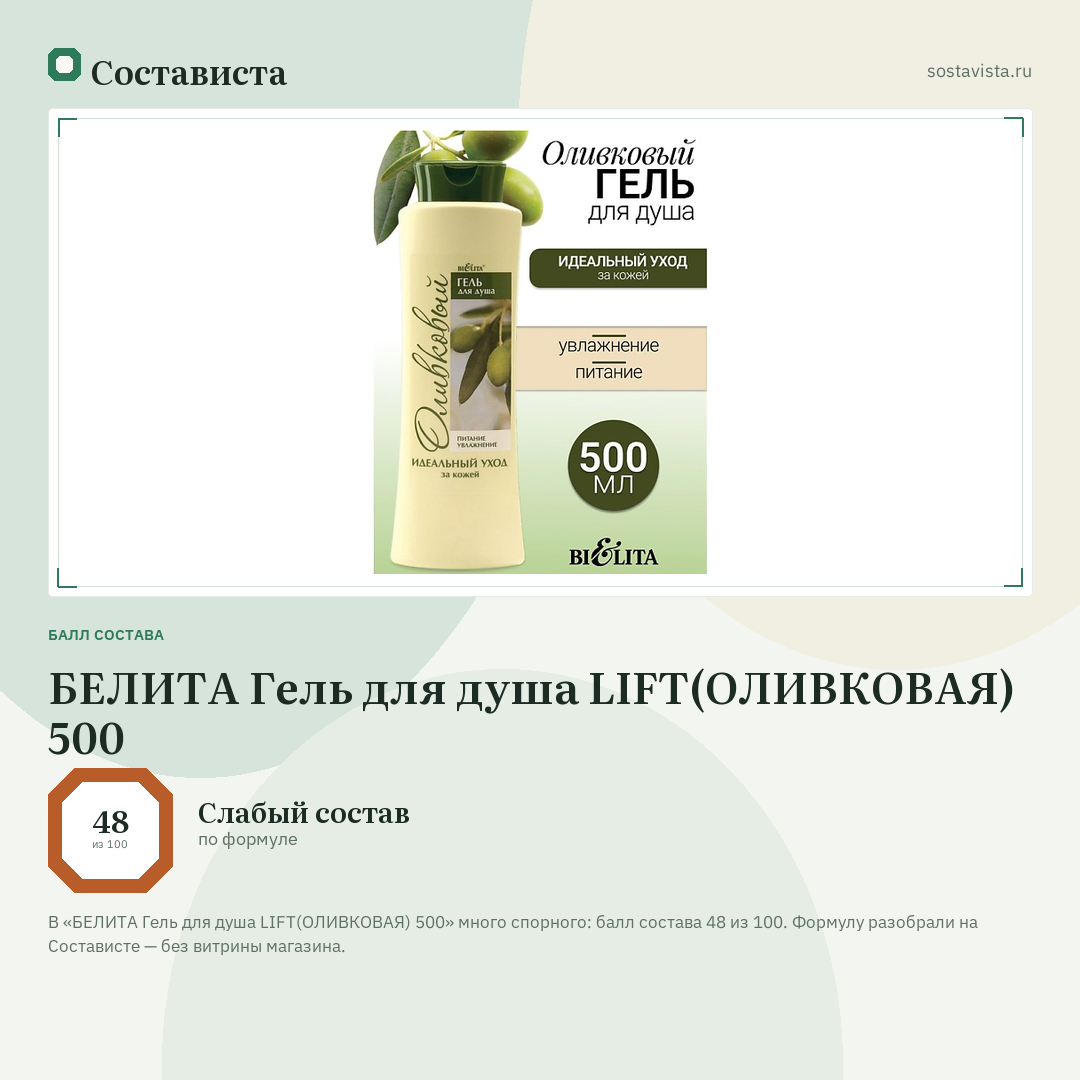 БЕЛИТА Гель для душа LIFT(ОЛИВКОВАЯ) 500: балл состава 48 из 100 — Состависта