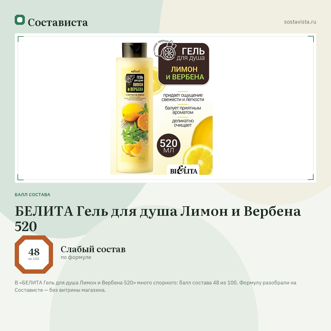 БЕЛИТА Гель для душа Лимон и Вербена 520: балл состава 48 из 100 — Состависта