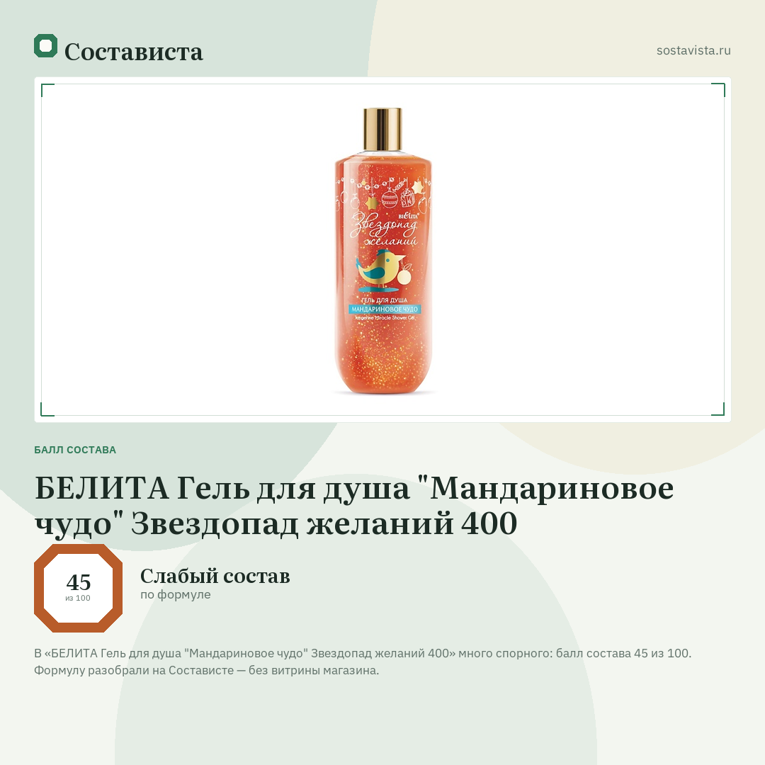 БЕЛИТА Гель для душа "Мандариновое чудо" Звездопад желаний 400: балл состава 45 из 100 — Состависта
