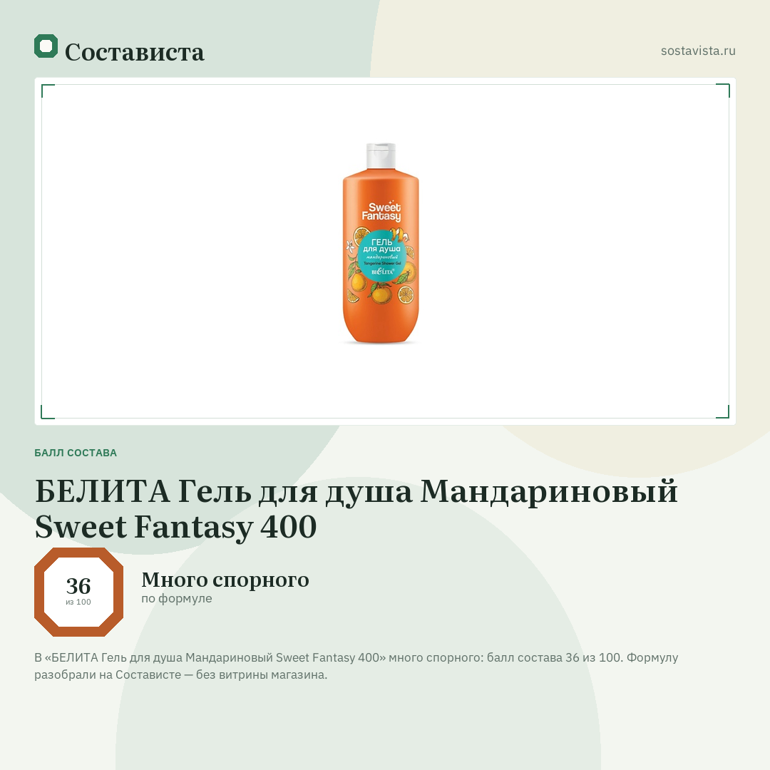 БЕЛИТА Гель для душа Мандариновый Sweet Fantasy 400: балл состава 36 из 100 — Состависта