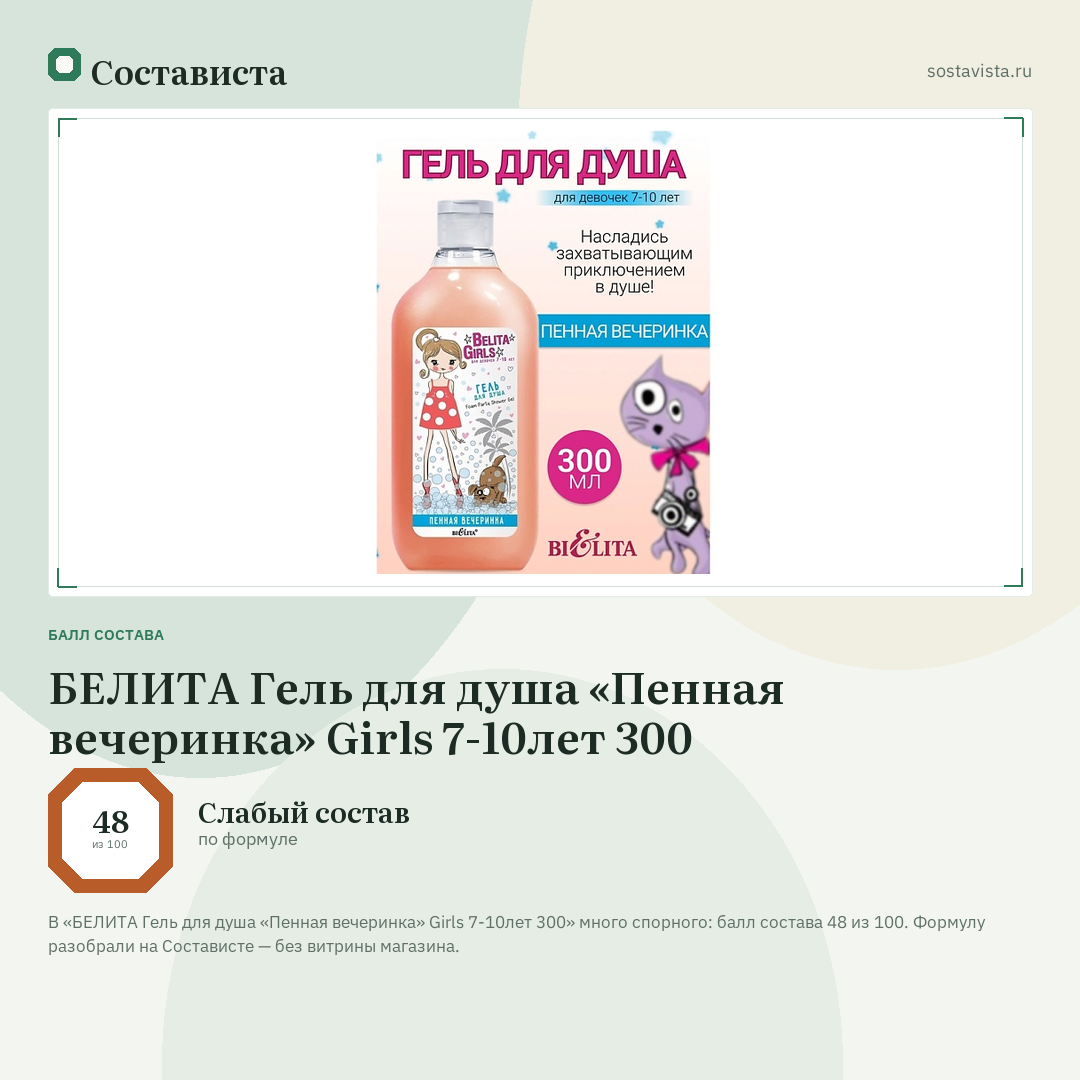 БЕЛИТА Гель для душа «Пенная вечеринка» Girls 7-10лет 300: балл состава 48 из 100 — Состависта