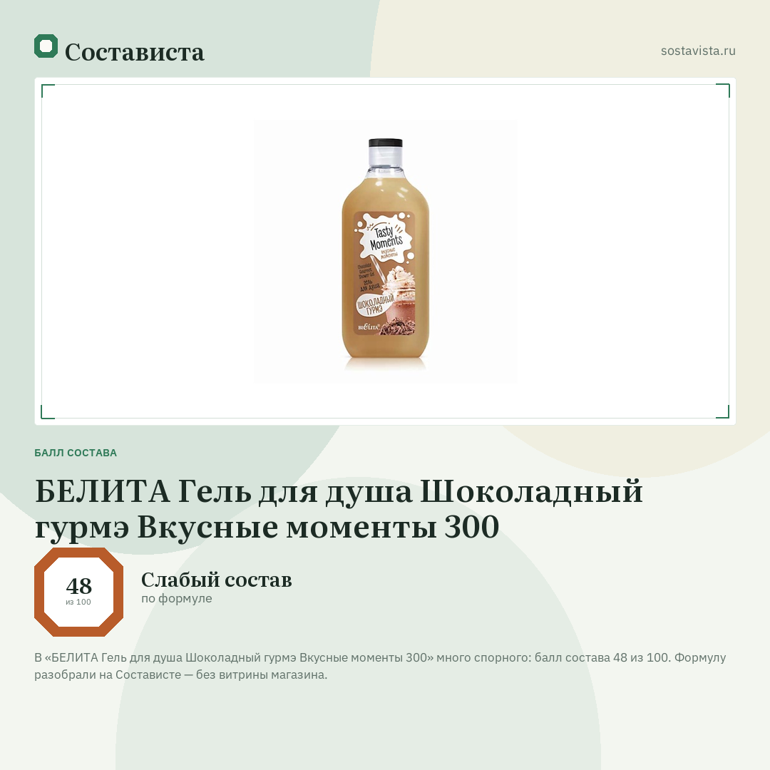 БЕЛИТА Гель для душа Шоколадный гурмэ Вкусные моменты 300: балл состава 48 из 100 — Состависта