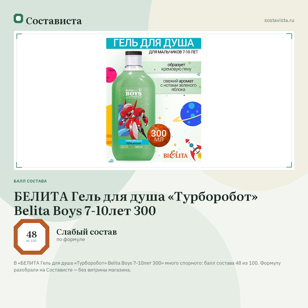 БЕЛИТА Гель для душа «Турборобот» Belita Boys 7-10лет 300: балл состава 48 из 100 — Состависта