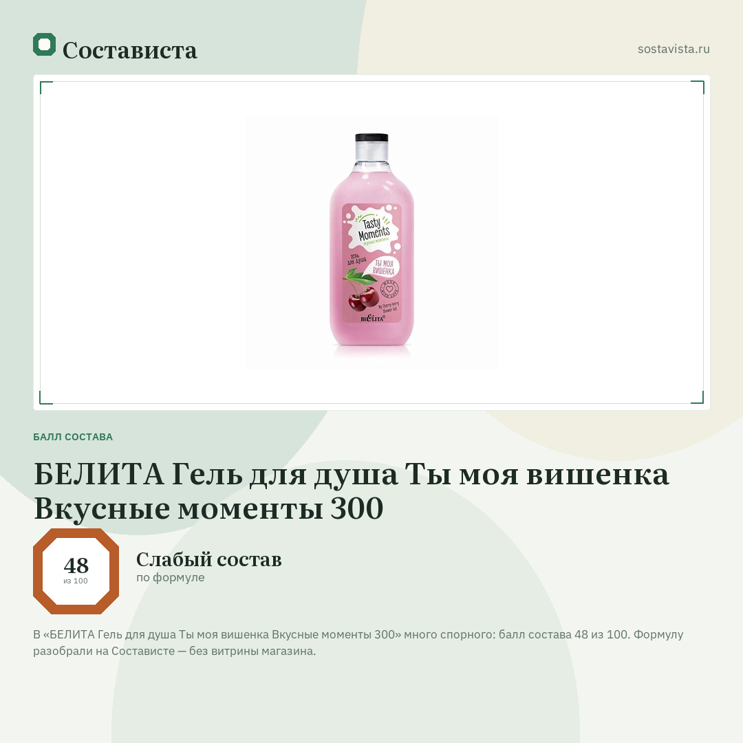 БЕЛИТА Гель для душа Ты моя вишенка Вкусные моменты 300: балл состава 48 из 100 — Состависта