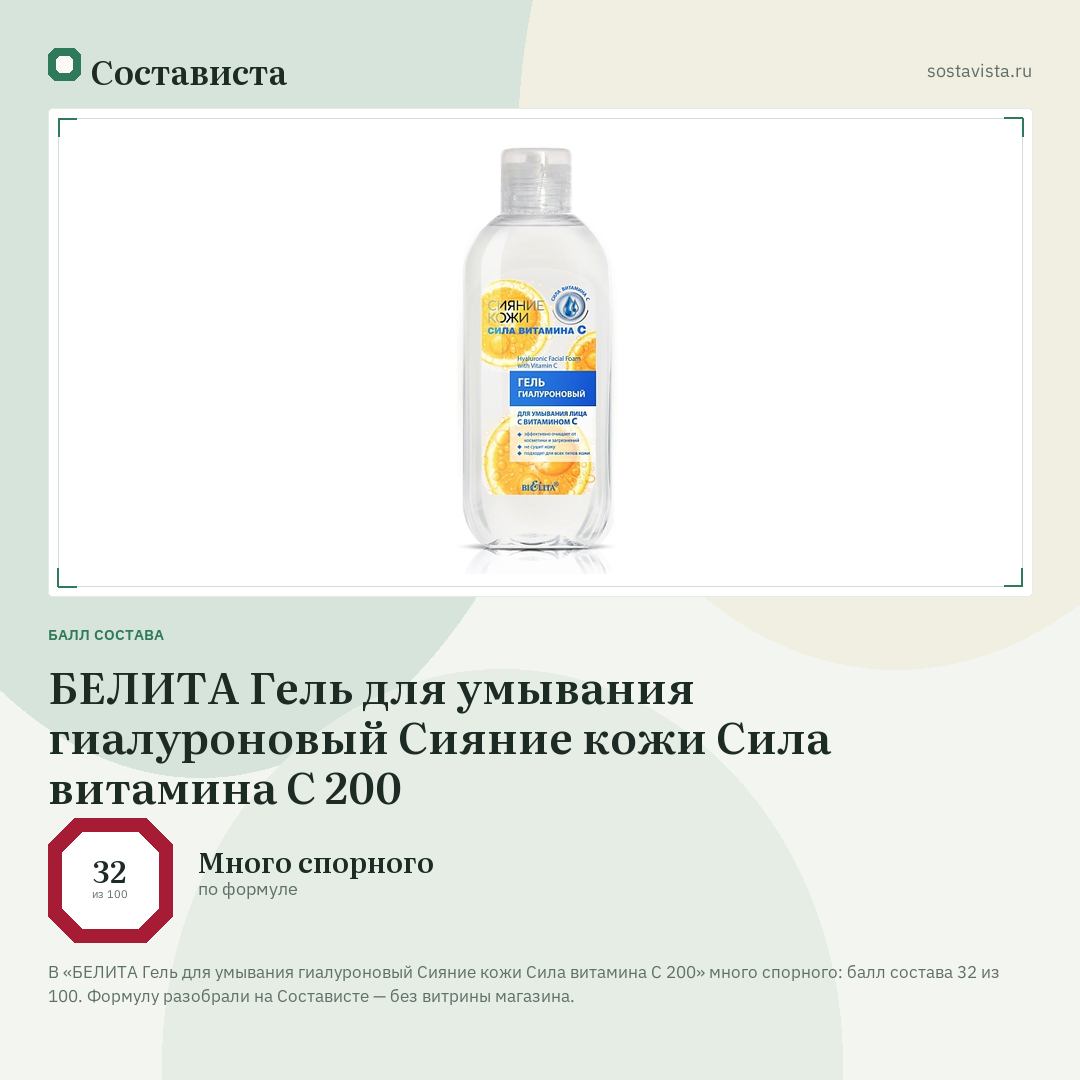 БЕЛИТА Гель для умывания гиалуроновый Сияние кожи Сила витамина C 200: балл состава 32 из 100 — Состависта