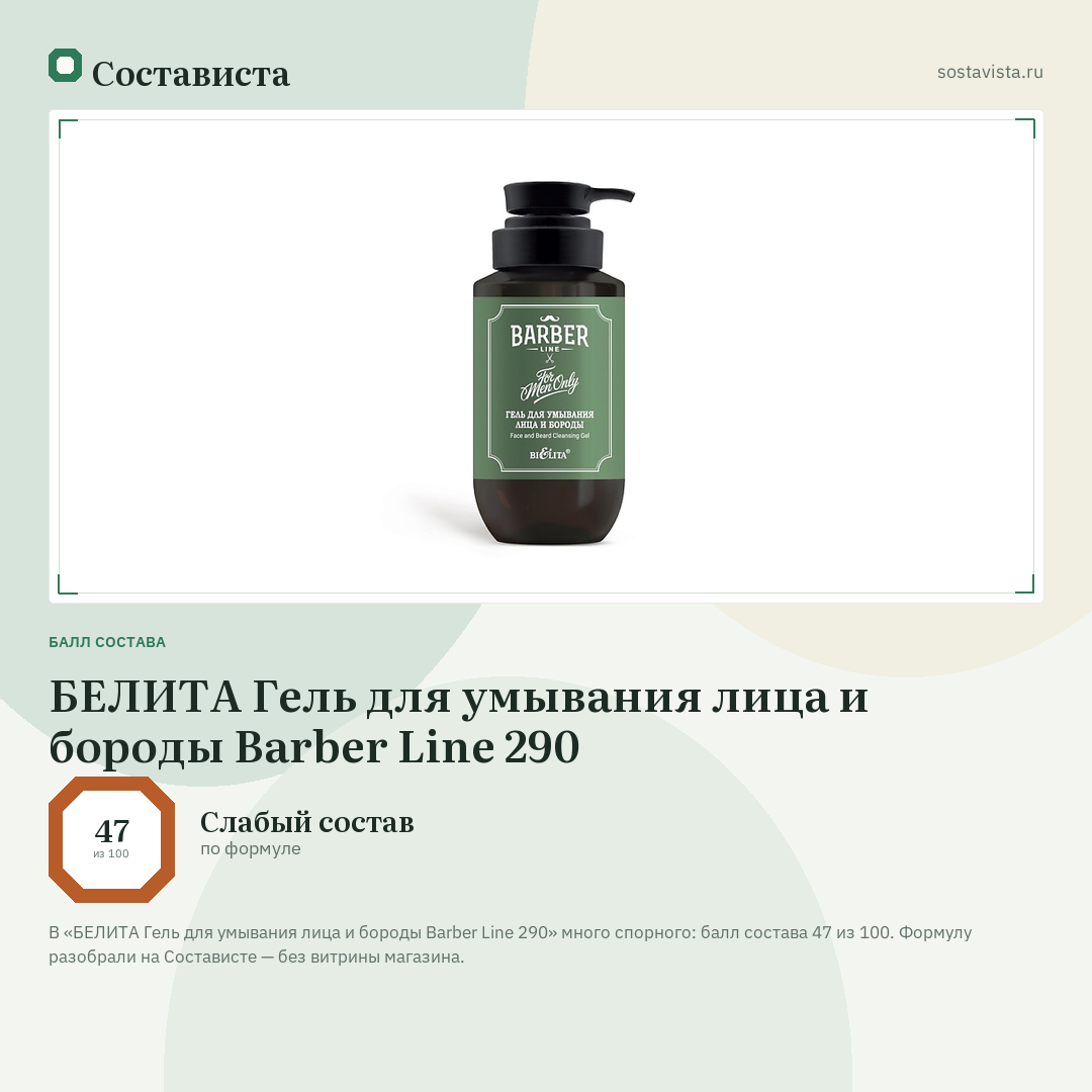 БЕЛИТА Гель для умывания лица и бороды Barber Line 290: балл состава 47 из 100 — Состависта