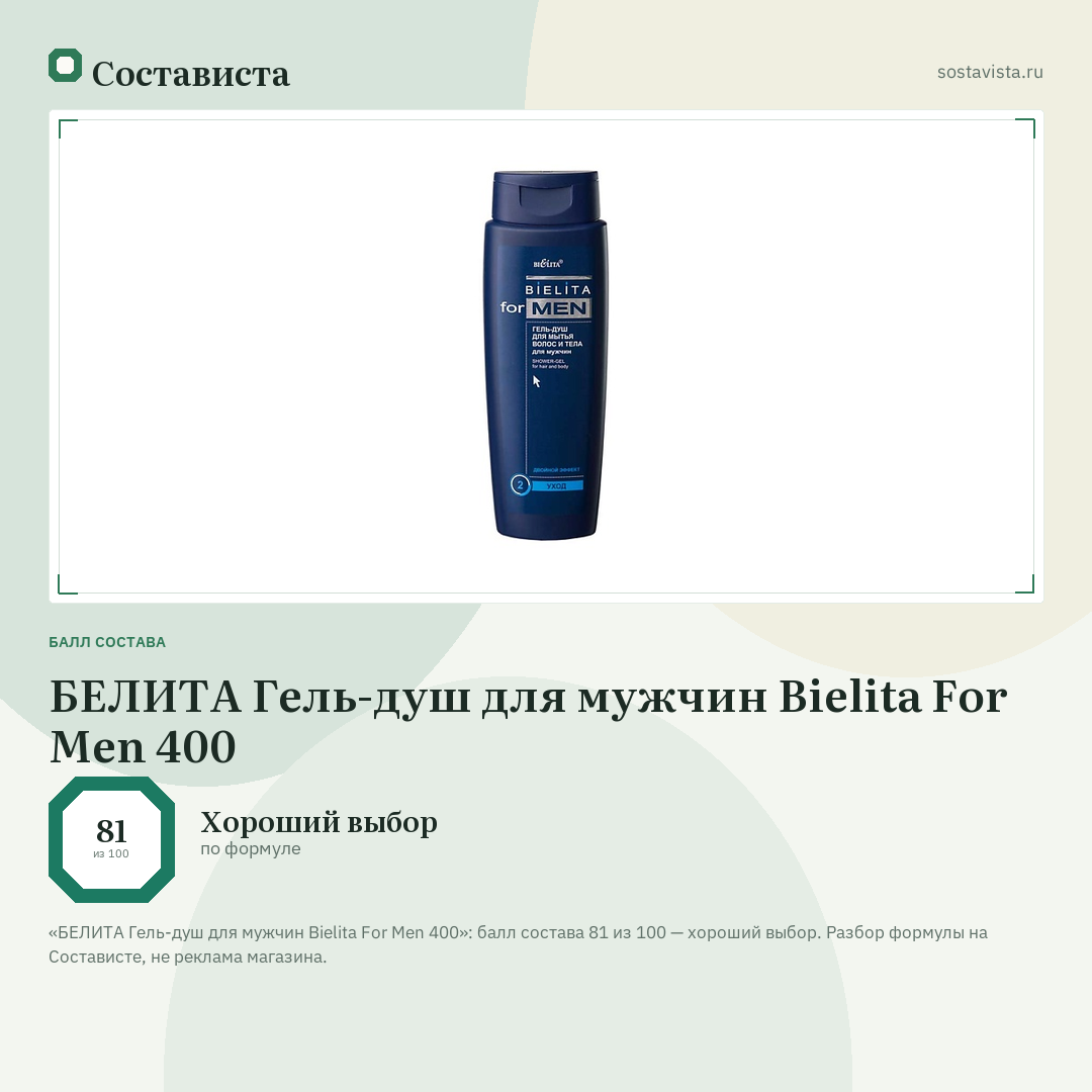 БЕЛИТА Гель-душ для мужчин Bielita For Men 400: балл состава 81 из 100 — Состависта