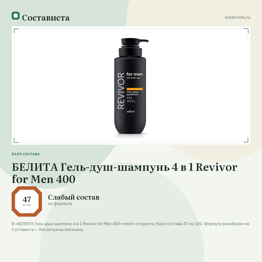 БЕЛИТА Гель-душ-шампунь 4 в 1 Revivor for Men 400: балл состава 47 из 100 — Состависта