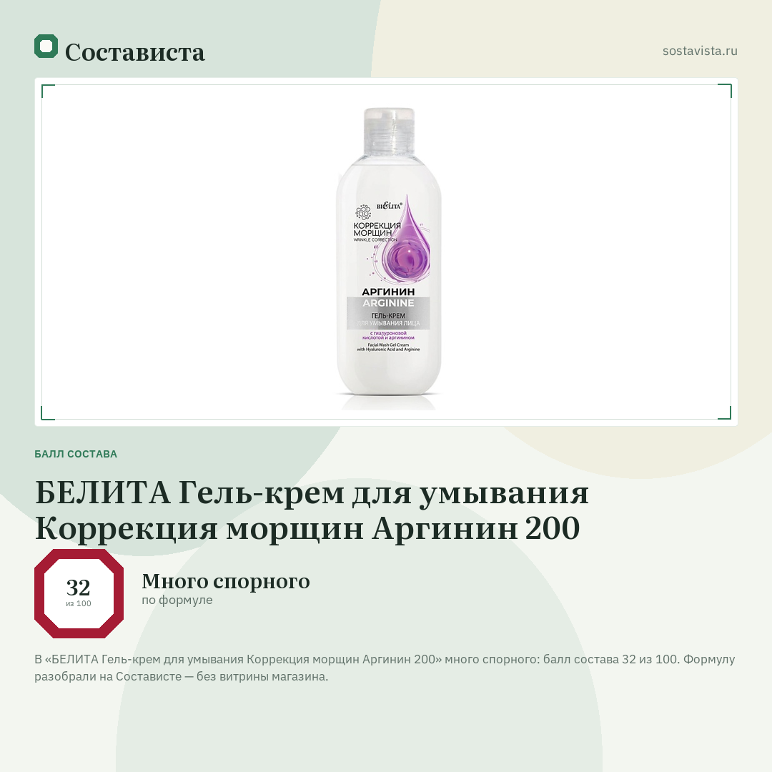 БЕЛИТА Гель-крем для умывания Коррекция морщин Аргинин 200: балл состава 32 из 100 — Состависта