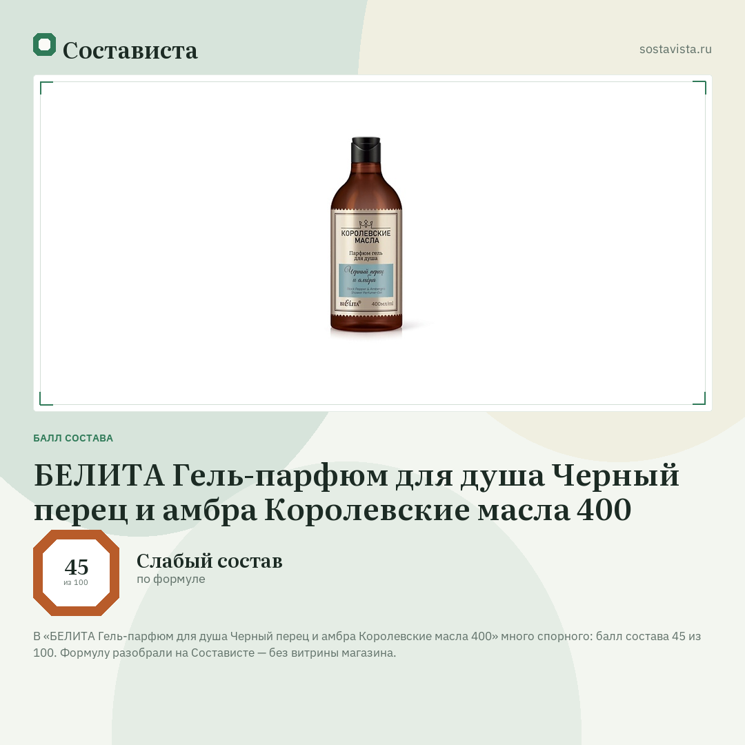 БЕЛИТА Гель-парфюм для душа Черный перец и амбра Королевские масла 400: балл состава 45 из 100 — Состависта
