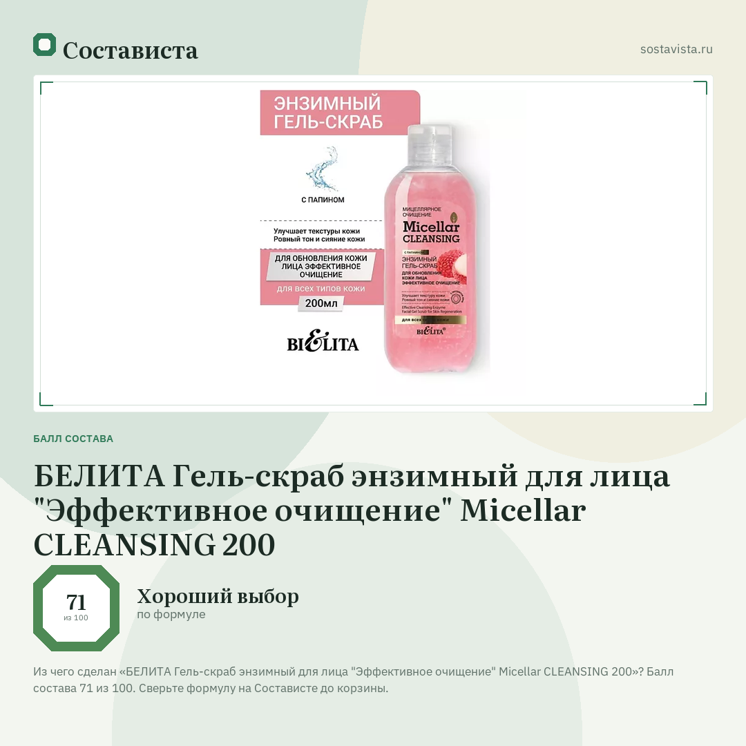 БЕЛИТА Гель-скраб энзимный для лица "Эффективное очищение" Micellar CLEANSING 200: балл состава 71 из 100 — Состависта