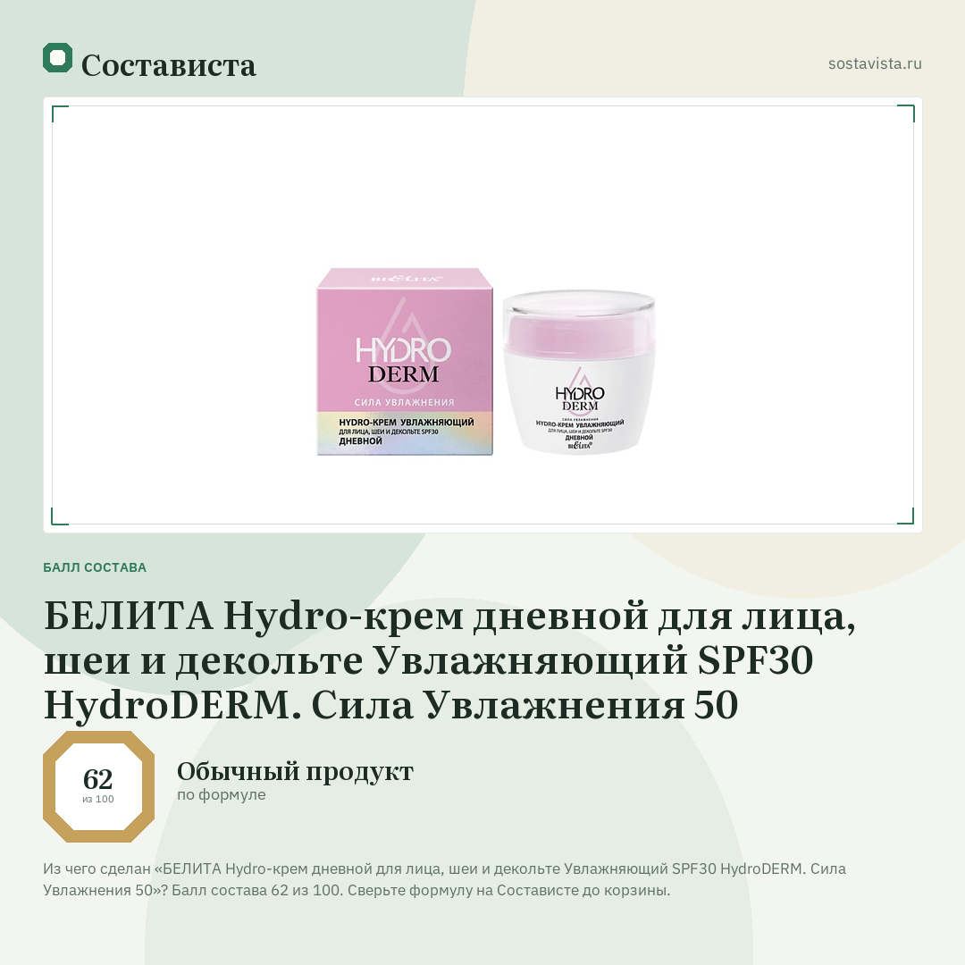 БЕЛИТА Hydro-крем дневной для лица, шеи и декольте Увлажняющий SPF30 HydroDERM. Сила Увлажнения 50: балл состава 62 из 100 — Состависта