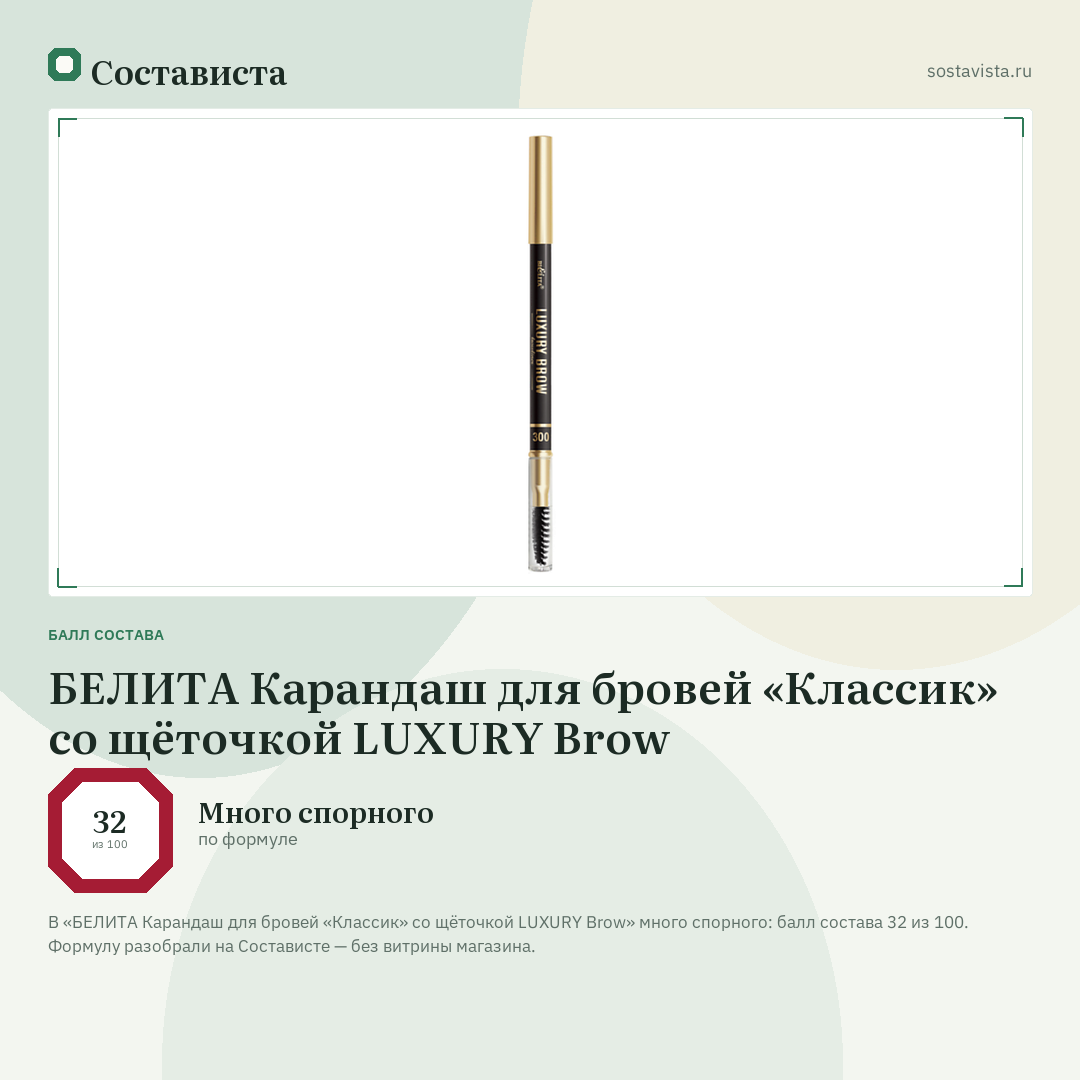 БЕЛИТА Карандаш для бровей «Классик» со щёточкой LUXURY Brow: балл состава 32 из 100 — Состависта