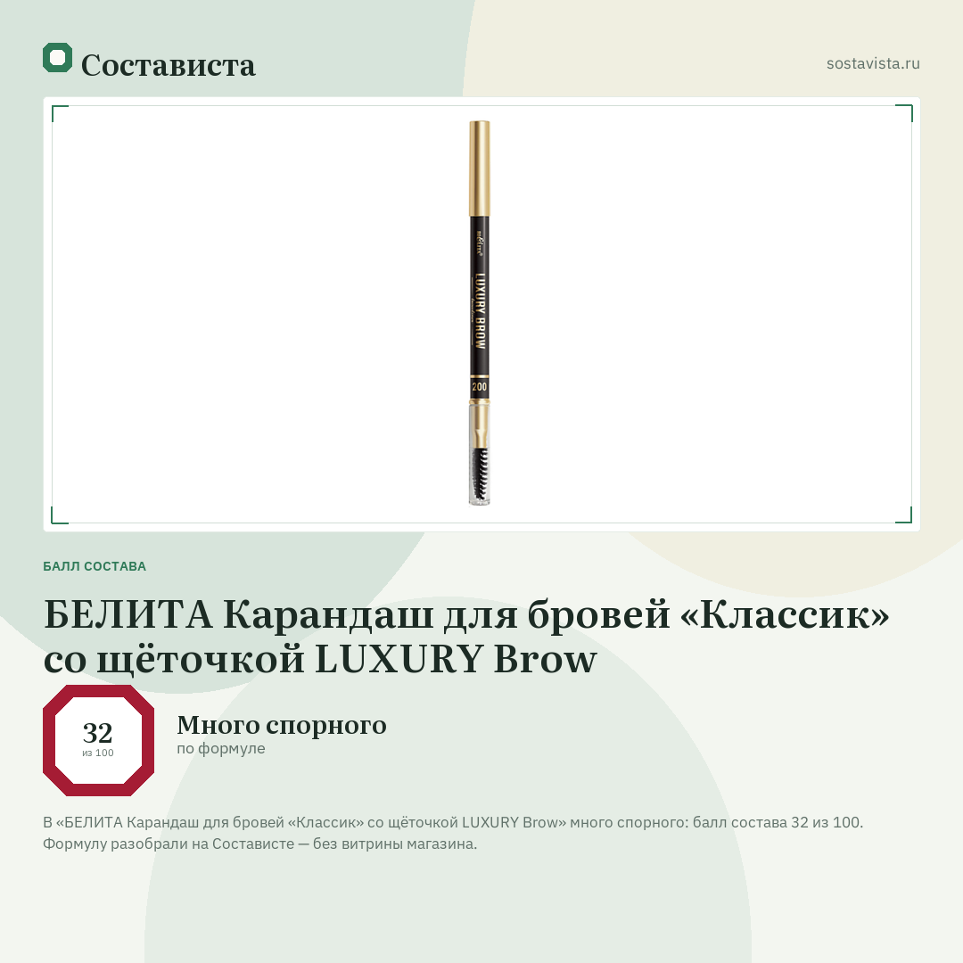 БЕЛИТА Карандаш для бровей «Классик» со щёточкой LUXURY Brow: балл состава 32 из 100 — Состависта