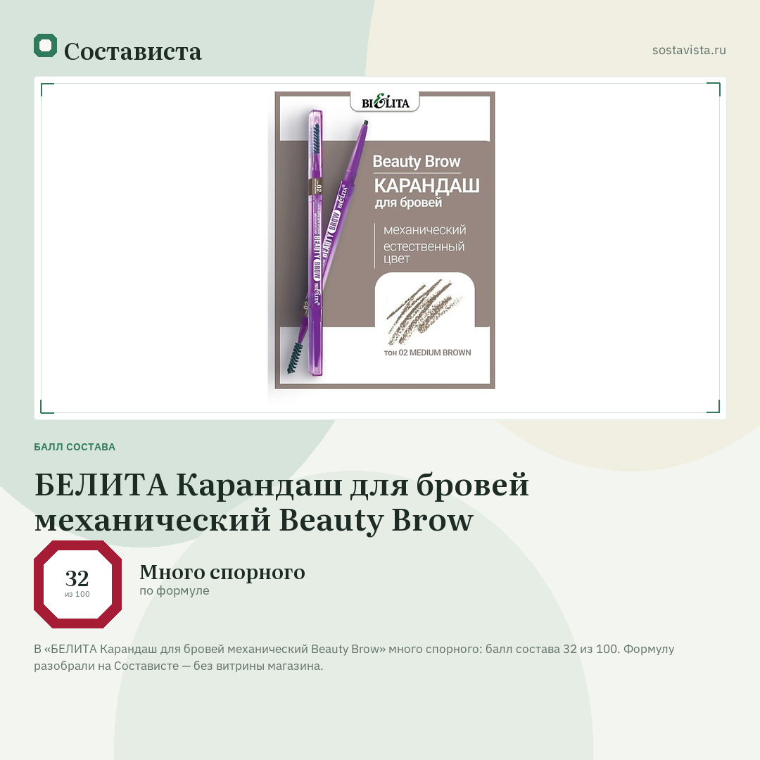 БЕЛИТА Карандаш для бровей механический Beauty Brow: балл состава 32 из 100 — Состависта