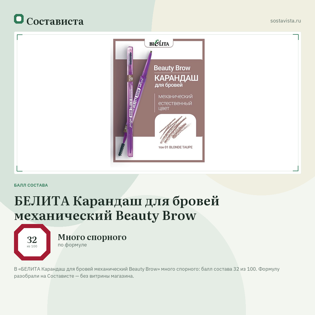 БЕЛИТА Карандаш для бровей механический Beauty Brow: балл состава 32 из 100 — Состависта