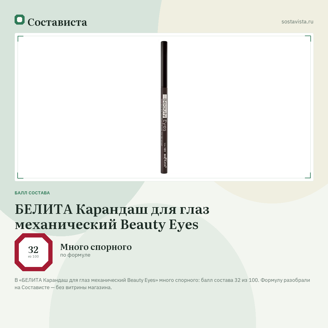 БЕЛИТА Карандаш для глаз механический Beauty Eyes: балл состава 32 из 100 — Состависта