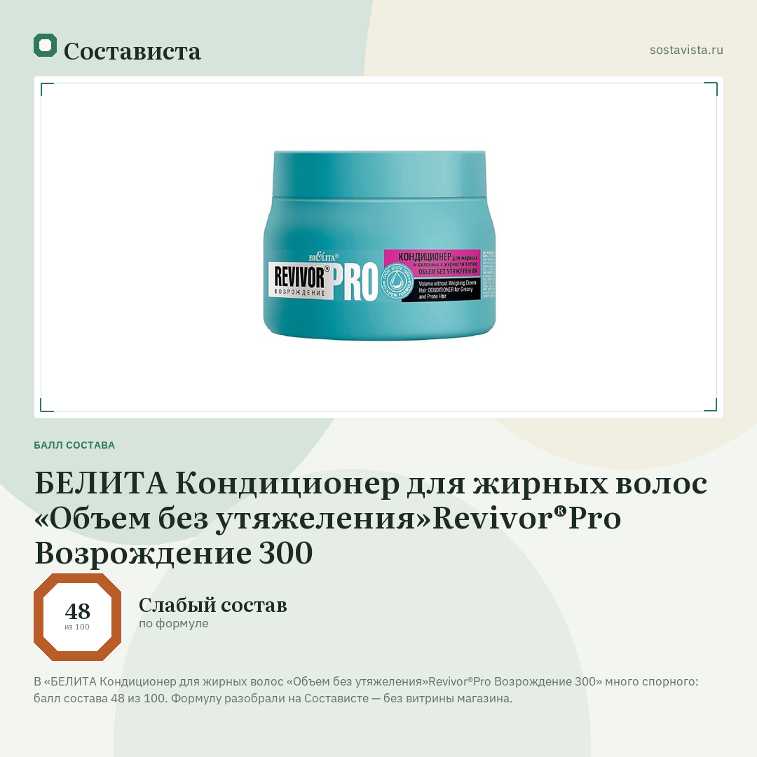 БЕЛИТА Кондиционер для жирных волос «Объем без утяжеления»Revivor®Pro Возрождение 300: балл состава 48 из 100 — Состависта