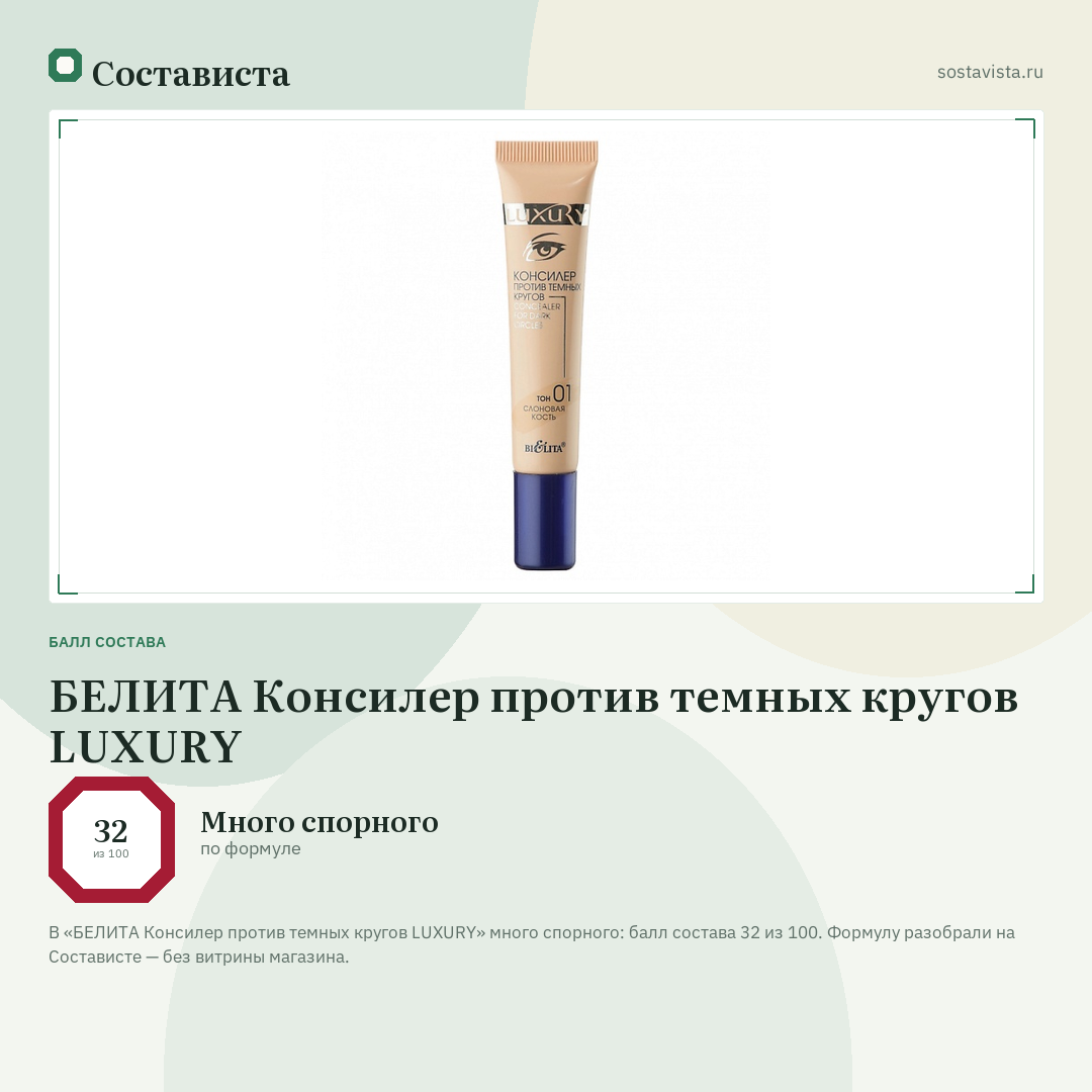 БЕЛИТА Консилер против темных кругов LUXURY: балл состава 32 из 100 — Состависта