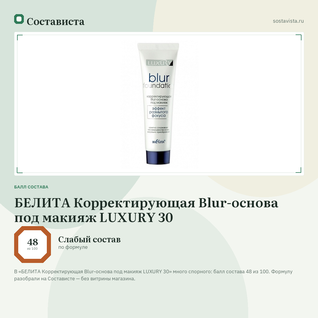 БЕЛИТА Корректирующая Blur-основа под макияж LUXURY 30: балл состава 48 из 100 — Состависта
